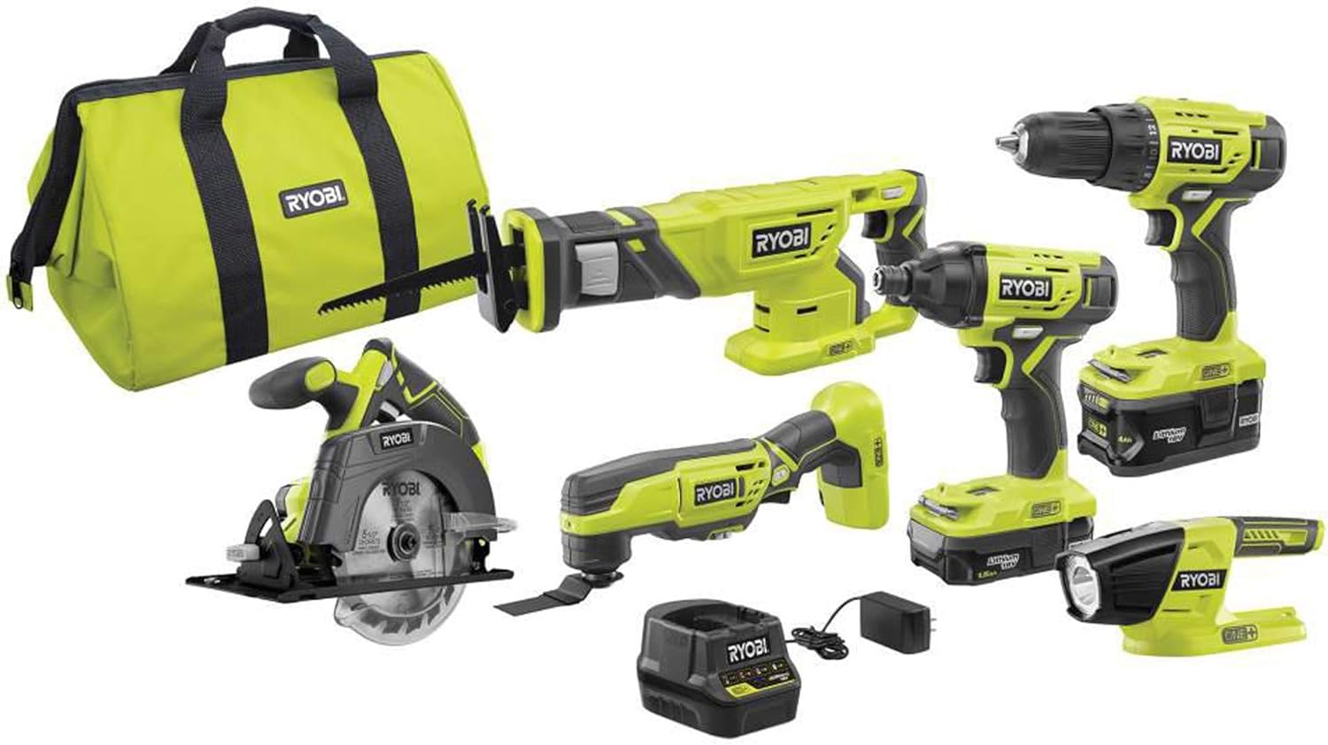 Compact circular saw from the RYOBI P1819 kit cutting plywood